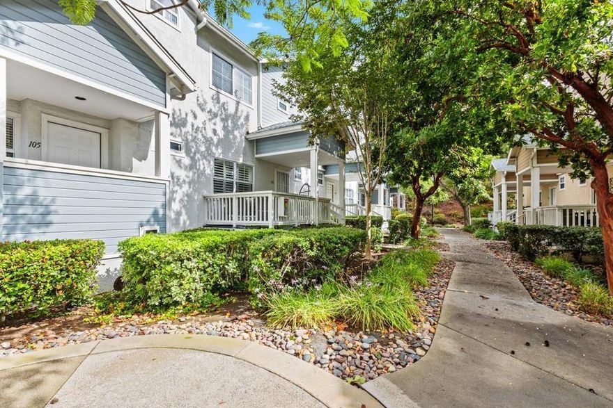 Sunny, bright, end-unit Scripps Ranch townhome with the best location in the complex. Features include upgraded cabinetry, stainless steel appliances, flooring, bathroom sinks and cabinets and more. The primary suite with private balcony and walk-in closet and a second bedroom with an en-suite bedroom are located upstairs. The third bedroom and full bathroom are downstairs. Enjoy direct-access from the large two-car garage. Re-sort style community amenities and HOA includes water and trash. Close to top-rated schools, dinning and shopping.