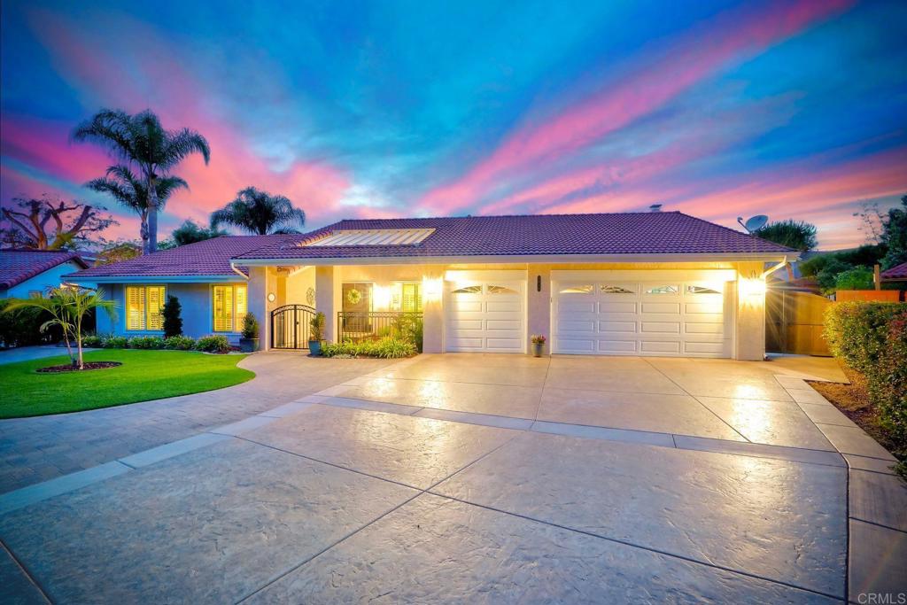 Welcome to this beautiful one-story home perfect for the homebuyer that wants move-in ready! Soaring vaulted ceilings greet upon entering the impressive custom front door through gated courtyard. Paid solar, with newer HVAC system. Luxury vinyl plank flooring throughout. Custom plantation shutters in most rooms. Remodeled eat-in kitchen with high end appliances, island with 6 burner stove, quartz countertops and beautiful soft close cabinetry. Walk-in pantry and inside laundry. All the bedrooms have ceiling fans and closet built-ins. The 3-car garage has plenty of storage including racks that hang from above. The built in BBQ area in the backyard is perfect for entertaining. Electric, retractable custom awnings allow you to decide how much sunshine you want to let in. The newer patio cover has 3 skylights for extra light. This cul-de-sac home sits on over 12,600 sq ft lot with R:2 zoning with potential to accommodate an additional dwelling. There’s a large shed in back for a workshop, craft room, workout area and more. A 4 hole putting green is perfect to practice your golf game. Drought resistant landscaping, new paver hardscape and synthetic grass. This home is meticulously maintained...Gorgeous inside and out!