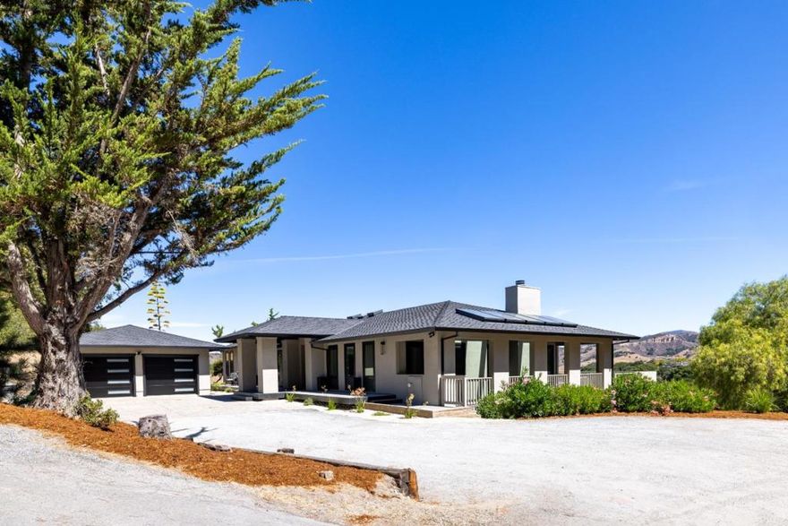 This stunning modern home has been recently remodeled with architectural precision to seamlessly blend indoor and outdoor living. Nestled in a serene country setting, it offers breathtaking views of Castle Rock. Situated just above Chamisal Tennis Club and only minutes from Highway 68, the property enjoys both privacy and convenience. The home features a new roof, updated electrical and plumbing systems delivering the high standards expected in a quality residence. Additional upgrades include new windows, doors, skylights, and flooring throughout. The kitchen and bathrooms have been completely renovated with contemporary finishes. A unique highlight is the newly created artist studio, featuring a private entrance and a full bathroom, perfect for create work, guests, or a private office.