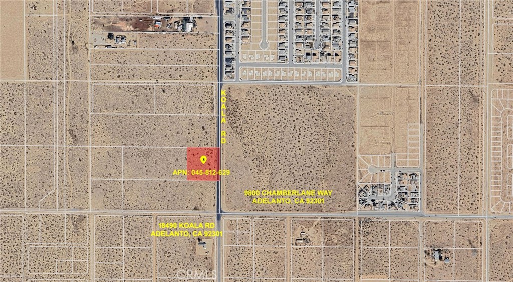Great opportunity to own 2.5 acres of vacant land in the heart of Adelanto, San Bernadino County California. This parcel presents a rare and exciting opportunity to build their dream homes. Nestled in a growing area with great potential, the property offers flexibility and long-term value. Across street is an upcoming project with thousands of homes ready to be built. With all utilities conveniently nearby, this property is primed for progress. Whether you're envisioning a custom home with space to grow or looking to take advantage of the subdivision potential, this is a chance to bring your vision to life in a high-potential location. Parcel# 045-812-629, no address yet but located close to address: 18490 Koala Rd 9800 Adelanto CA 92301 (same street) or Chamberlan Way Adelanto CA 92301 (across street). Development plans are in Supplements with proposal of 12 homes or more. Buyers are encouraged to verify all property details with the City Of Adelanto Planning/Building Department and local utility providers. Don’t miss out on this versatile, value-packed property with endless possibilities!