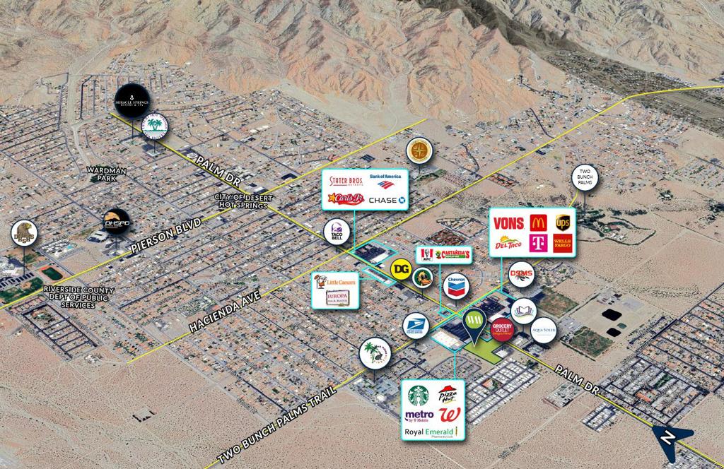 Located in a major retail hub with a traffic count of 24,000+ card per day. The subject property has many nearby residents developments as well as those currently under construction. Centrally located. Access: 2 points of access; One on the northern boundary (just south of Pizza Hut) off Palm Drive and 30-foot access easement on the south side of Grocery Outlet along Park Lane that can be utilized by this proposed development for access. Traffic Signal at Park Lane and Palm Drive: The city is currently designing the traffic signal at Palm Drive at Park Lane and will include the re-alignment of that intersection, undergrounding of the poles on the south side, and constructing a wider access point to be used by Grocery Outlet and by this proposed development. This will be constructed by the city and will be constructed along with the timeline of a new development at this location. (Developer to pay their Prorated Share determined by a Traffic Impact Analysis of their project)Sub-Division Improvement Agreement (as stated in Prelim): In this case all public improvements from Grocery Outlet have been completed, inspected and accepted and all bonds released. Utilities: The City of Desert Hot Springs current policy is that overhead utility lines are to be undergrounded. We don't have an exact cost, but SCE should be able to give you an estimate.Site Location: This site is located in the ideal center of the city. With our largest park across the street, a library, two schools along Two Bunch Palms, and two other shopping centers. Palm Drive at Two Bunch Palms has the highest traffic counts from all other segments along Palm Drive. There are two new large multifamily developments across from Palm Drive that going through the entitlement process now which will make this site even more desirable. 76 New Homes by Lennar at Rancho Descanso are currently being built in a new private community on Palm Drive at Camino Campanero. *The City of Desert Hot Springs is committed to becoming a world class health and wellness destination based upon its famous miracle waters, unique desert ecosystem, spectacular mountain views, and natural environment.