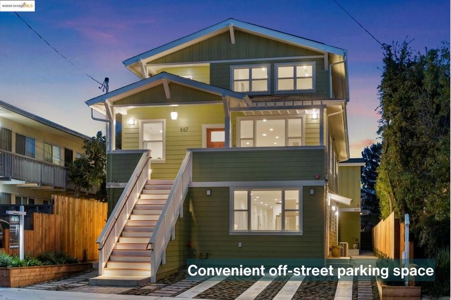 Welcome to 667 & 667A Alcatraz—a brand-new, modern home with a spacious main residence and a thoughtfully designed ADU below. Located on the Oakland/Berkeley border, this stunning ground-up construction features all-new electrical, plumbing, and sewer systems, ensuring a seamless, move-in-ready experience.  Both units feature designer kitchens with high-end finishes, premium stainless steel appliances, and airy open layouts. Stylish tiled bathrooms, in-unit laundry, and sunlit, generously sized bedrooms enhance each space. The main unit, 667, spans the upper two floors with high ceilings, 4 well-appointed bedrooms, 2 full baths, plus a front office with elegant double French doors.  The ground-floor ADU, 667A, offers a well-appointed 3-bedroom, 2-bath layout with a similarly open design and direct access to the rear patio—perfect for relaxation. The fully landscaped grounds require minimal upkeep, and the property includes a convenient off-street parking space and secure storage. A partial solar system is in place with expansion potential. Buyers also benefit from long-term builder, construction, and appliance warranties for additional peace of mind!