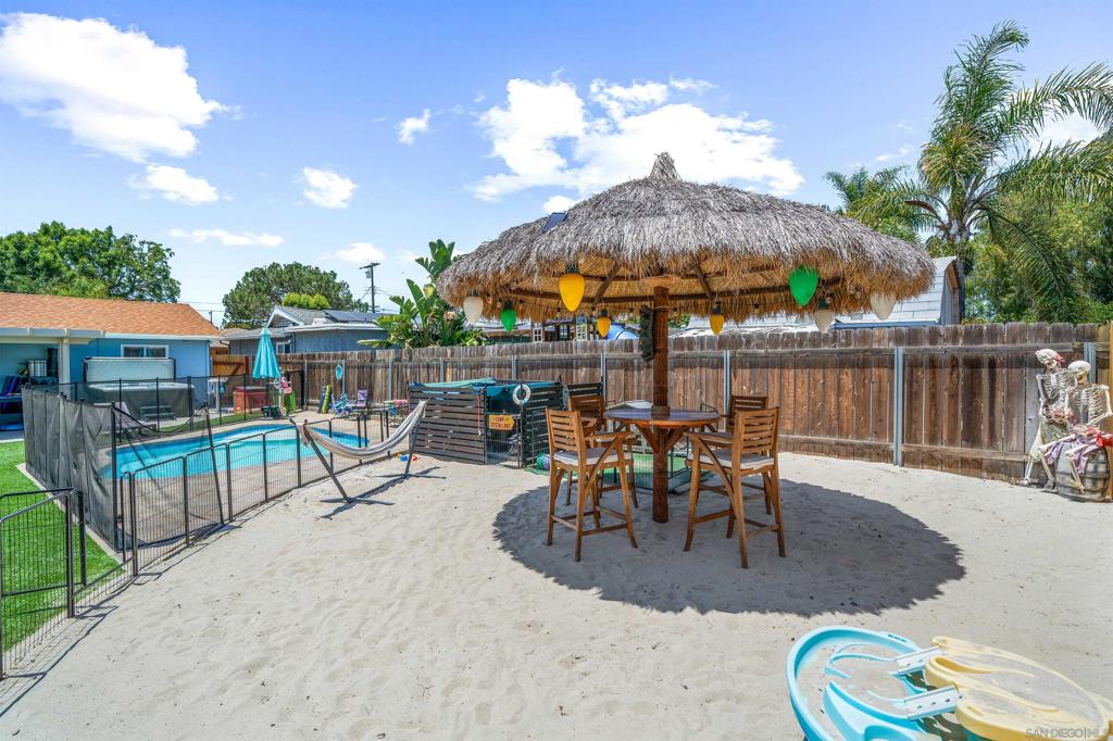 Designed for year-round enjoyment, the backyard is a true retreat featuring a sparkling pool, tropical beach with palapa, turf, custom playground space, storage shed, and spacious covered patio with seamless indoor-outdoor flow. The open-concept interior is filled with natural light and offers a flexible layout ideal for entertaining or relaxing. Located on a cal de sac in a great neighborhood within the award-winning Poway Unified School District. No HOA. RV/Boat parking. Easy to add-on or build and ADU.
