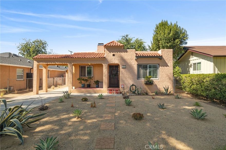 Spanish Style Bungalow retreat nested in tree line street of Upland. This beautiful & meticulous designed oasis has undergone a new remodel transformation just awaiting for a new buyer. Cozy living room with fireplace, custom interior finishing & decor,  new floor plan, interior paint, flooring throughout & lighting. Beautiful open remodeled kitchen with Quarts Counter Tops, new custom cabinets with self closing doors and drawers and new appliances. Home is energy efficient with Dual Pane Vinyl Windows, Central Air & Forced Heating systems and Tankless Hot Water Heater.  Spacious primary bedroom that was expanded with the new floor plan layout, laundry was moved from garage to inside bathroom area with stackable washer and dryer. Remodeled bathroom with large walk-in shower, custom finishing and decor.  Title shows the home as a 3 bedroom. Previous owner opened the wall between the primary bedroom & middle bedroom to make a larger primary bedroom. Current owner expanded primary bedroom which includes an en suite.  It’s still configured as 2 bedroom. The 2nd bedroom is currently being used as sitting area. Large lot with new beautiful drought-tolerant landscaping in front and side yards. Spacious rear yard with alley entrance, large storage shed and room to possibly add spacious ADU. Centrally located near 10 Fwy, few blocks from Downtown Upland & Public Transportation (Metrolink Station), Farmers Market, Shopping and Dining.