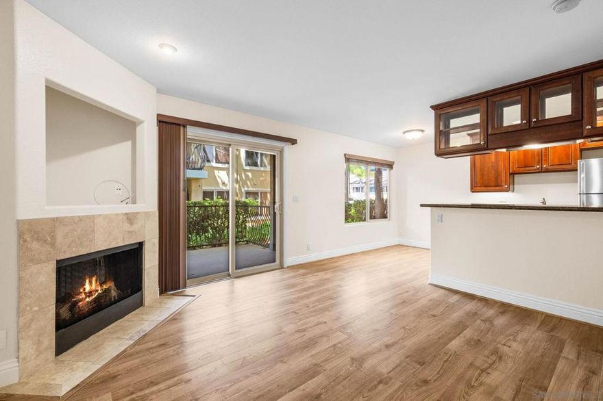 Charming 1 Bedroom 1 Bath home in Villa Tuscana in La Jolla Village! This gorgeous remodeled move in ready condo is located in the quiet interior of the complex on the first floor, no stairs! Step inside to discover a welcoming open layout, highlighted by a dine-in bar perfect for casual gatherings. The interior features a remodeled Kitchen with granite counters and new luxury vinyl plank floors providing a sophisticated yet comfortable living space. Your serene primary suite features pocket doors for added privacy with the convenience of a full size stackable washer and dryer tucked neatly in the outdoor closet on the balcony. 1 assigned parking space. The community enhances your living experience with amenities which include a sparkling pool and clubhouse. Minutes to La Jolla Beaches, Trader Joes Shopping center, restaurants, UCSD and access to the MTS trolley for downtown events