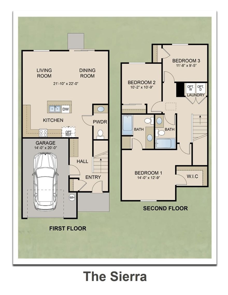 The Sierra, our 1358 Sq.ft. Townhome featuring 3 bedrooms and 2.5 baths with an open concept design. Photos are renderings of a model.