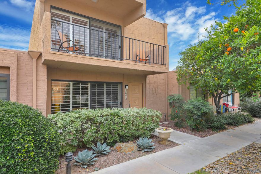 First time on the market in over 50 years! Located directly on Tahquitz Creek golf course with stunning mountain views.  3 Bedrooms 3 Bathrooms.  Updated over the years while still maintaining the original charm of the era. The fully remodeled kitchen features quartz countertops, custom cabinets and recessed lighting. The flexible floor plan includes one bedroom and one full bathroom downstairs, with two bedrooms and two bathrooms upstairs.  The large primary suite offers a private balcony overlooking the golf course and mountains. Enjoy indoor-outdoor living with a back patio that opens directly to the golf course.  Additional features include a tankless water heater and newer appliances. Just steps from the front door is one of the community's 11 pools. Residents also enjoy 2 hot tubs, 8 pickleball courts, 2 tennis courts, a fitness room, and beautifully maintained desert landscaping. HOA dues also include roof, water, and trash service.  Located in desirable South Palm Springs on Fee Simple land -- no land lease -- and offered turnkey furnished.