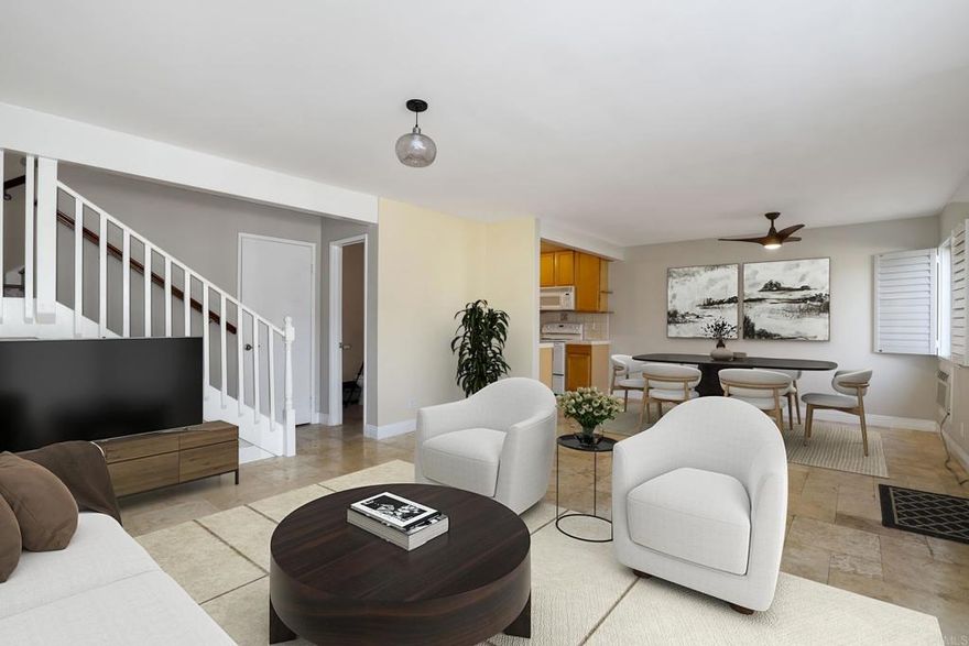 Welcome to Comfort, Style, and Security in the Hills! Beautifully updated 2-bedroom, 1.5-bath condominium located in the highly sought-after Miraleste Canyon Estates, nestled along the Rancho Palos Verdes border. This home offers the perfect blend of comfort, style, and security in a 24-hour live guard-gated community.  Step into a bright and airy living room that opens to a private patio through sliding glass doors with brand-new plantation shutters—ideal for indoor-outdoor California living. The adjoining dining area flows into a stylish kitchen featuring a new refrigerator and a custom butcher block & birch mobile island, perfect for meal prep and extra storage. Downstairs boasts durable travertine tile flooring, a convenient half bath, and a new water heater. Upstairs, the spacious primary suite includes an updated bathroom and a new stackable washer/dryer with upgraded electrical. The second bedroom offers a peek-a-boo harbor view, adding a serene touch to your daily routine.  Parking is a breeze with 2 assigned parking spaces.
