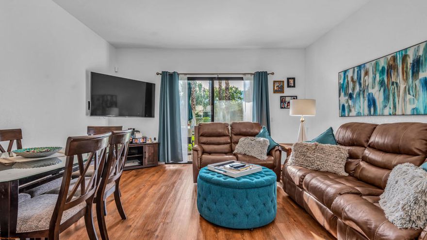 This Alameda two master suite condo has western facing patio with green belt location and steps to one of the 34 pools with spas at the Desert Princess. Updated kitchen and baths. Wood laminate floors,  extra sunny patio and mountain views.Land Lease extended to 2069,  Monthly Ground Rent $168.94.The Desert Princess community has an affordable 27 hole PGA Championship golf course and is rated among the best in the valley by Golf Digest. This quiet community is away from the noise yet less than ten minutes from Palm Springs International Airport. It is close to everything in Palm Springs that is fun!  Restaurants, shopping, casinos, street fair, museum and Tramway. 34 swimming pools, 6 Tennis Courts, 10 pickle ball courts and Health and Fitness Center.