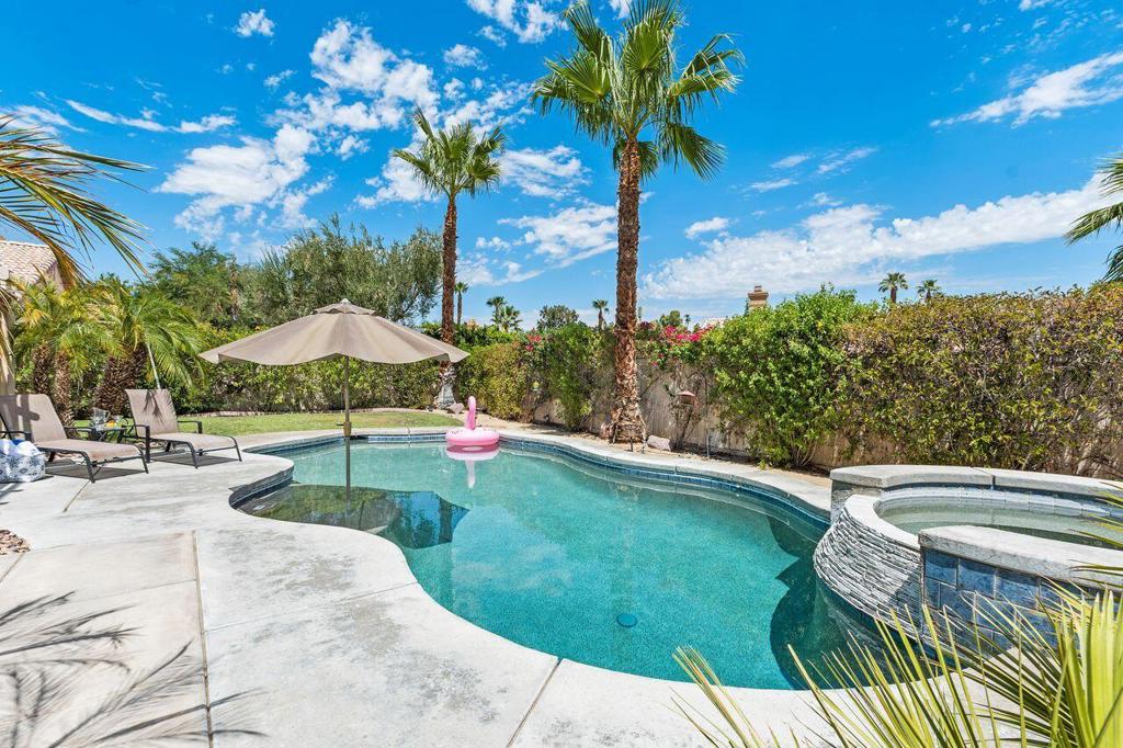 Available for Season 2026 -- November to April, 4 month min. Private Pool and Designer Decorated: This upgraded, designer decorated 3 BD + office 2 bath home with private POOL, Gated Community and centrally located in one of the most desirable locations in the Valley. Merano is one of the most sought after communities in the desert. The upgrades include roll down solar shades, tile & wood floors, covered patio, commercial misting system, Pebble Tec saltwater pool & spa. This back yard feels like your own private Oasis. Minutes to public Tennis, Pickle Ball, and Hiking Trails. Check out the community Center at Palm Desert Civic Center Park and resident GOLF at Desert Willow. Walk to Bristol Farms, freeway close, 1 mile to Eisenhower Medical Center, 3 miles to dinning and shopping on El Paseo (The Rodeo Drive of the Desert) So much to do and see in Palm Desert! Super cute and turnkey furnished ready for your vacation or Long term stay. Price is for a Yearly rental call us for Snowbird Rates (varies by the time of year and number of months!)