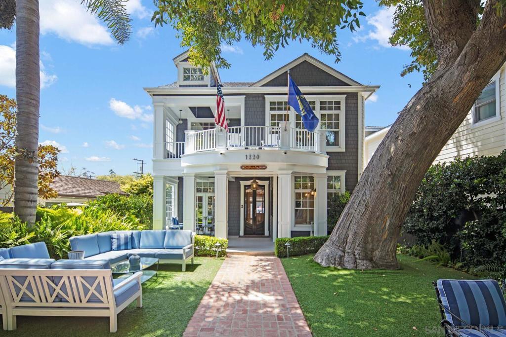 Stunning Coronado Beach Retreat! Discover this extraordinary 6-bedroom, 6-bathroom beach home just one block from the iconic Hotel Del Coronado and the pristine sands of Coronado Beach. Nestled in a serene private oasis, this residence offers a perfect blend of tranquility and convenience, with top restaurants and shops just a short stroll away. Step through a private gate into a shaded front yard adorned with majestic trees and tall hedges, providing a peaceful retreat with inviting seating areas. The heart of the home features a stylish great room with a gourmet kitchen, island seating, and a chic breakfast nook. The adjacent family room, with French doors leading to a covered patio, is ideal for seamless indoor-outdoor living. Enjoy al fresco dining under a sleek awning, complemented by a waterfall spa and a cozy fireplace for relaxed evenings. For additional entertainment, the home boasts an upstairs entertainment room and a basement music room, perfect for leisure and gatherings. Recent renovations have enhanced this residence with new French Oak floors, custom cabinetry, and updated bathrooms and bedrooms, all styled with coastal furnishings and window treatments. This turn-key property is ready for you to embrace a laid-back beach lifestyle in one of Coronado's most desirable locations. Appliances include Viking kitchen range/over, microwave & dishwasher, Sub Zero Refrigerator, Uline wine cooler, and 2 Fisher/Paykel dishwasher drawers. Rooms include a gym, office, library and entertainment home. The elevator accesses all 3 levels and the roof top deck. This home has a central vacuum, 2 Lennox HVAC systems, 2 sets of Whirlpool washer/dryers (main suite and laundry room), 2 Navien flash water heaters, a whole house Halo water filtration system and interior & exterior speakers. Furnishings available include lovely Serena Lilly stools and chairs in the kitchen.