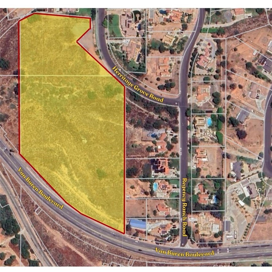 Two contiguous lots located in the desirable Woodcrest area. The property features frontage along Van Buren Blvd to the south, Heritage Grove to the north, and borders estate homes along Regency Ranch Road to the west. Zoned Very Low Density Residential (VLRP) by Riverside County, the property has a minimum lot size requirement of one acre. While there are some topographical challenges, the land offers substantial potential for development. Please note that the listed street number is not yet assigned and does not correspond to an existing address. An official address will be issued upon completion of construction. All prospective buyers are encouraged to conduct their own due diligence and investigations.