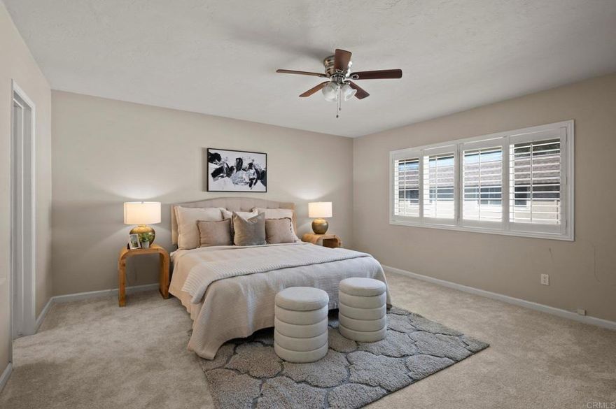 Spacious Upper-Level Condo with Rare Private Patio & Mountain Views in La Mesa! One of the largest floor plans in the complex—this oversized 2-bedroom, 2-bath upper unit offers 1,200 sq. ft. of comfortable, open concept living that is unlike most condos! One of only two units with a private exterior upstairs patio & perfectly positioned to capture mountain views off the back! Inside, enjoy newer carpet, plantation shutters, dual pane windows, central heating & air. The open layout features a massive en-suite primary bedroom, a spacious second bedroom with direct patio access, and a light-filled living area ideal for both relaxing and entertaining. The community’s amenities include a pool, spa, and tennis courts, with HOA dues covering hot water, sewer, and trash for added value. Conveniently located near shopping, dining, and with unbeatable access to the 8 freeway, this home blends tranquility with accessibility. Don’t miss this rare opportunity to own a unique upper-level unit in one of La Mesa’s most desirable locations!