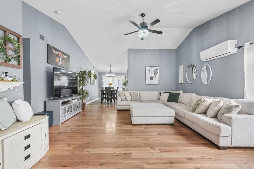 Welcome to 722 8th Street, Ramona, CA 92065! This beautifully maintained single-story home combines comfort, style, and convenience in the heart of Ramona. The bright and open living area features cathedral ceilings, creating a spacious and airy atmosphere. The functional kitchen flows seamlessly into the living space, perfect for entertaining or family gatherings. Enjoy central air for year-round comfort, a 2-car garage, and a convenient laundry area in the garage. The master bedroom includes a walk-in closet, ample storage and organization. Step outside to a large yard, perfect for outdoor activities, gardening, or enjoying the California sunshine. Located just minutes from Main Street, local shops, dining, and schools, this home delivers the perfect balance of small-town charm with modern amenities.