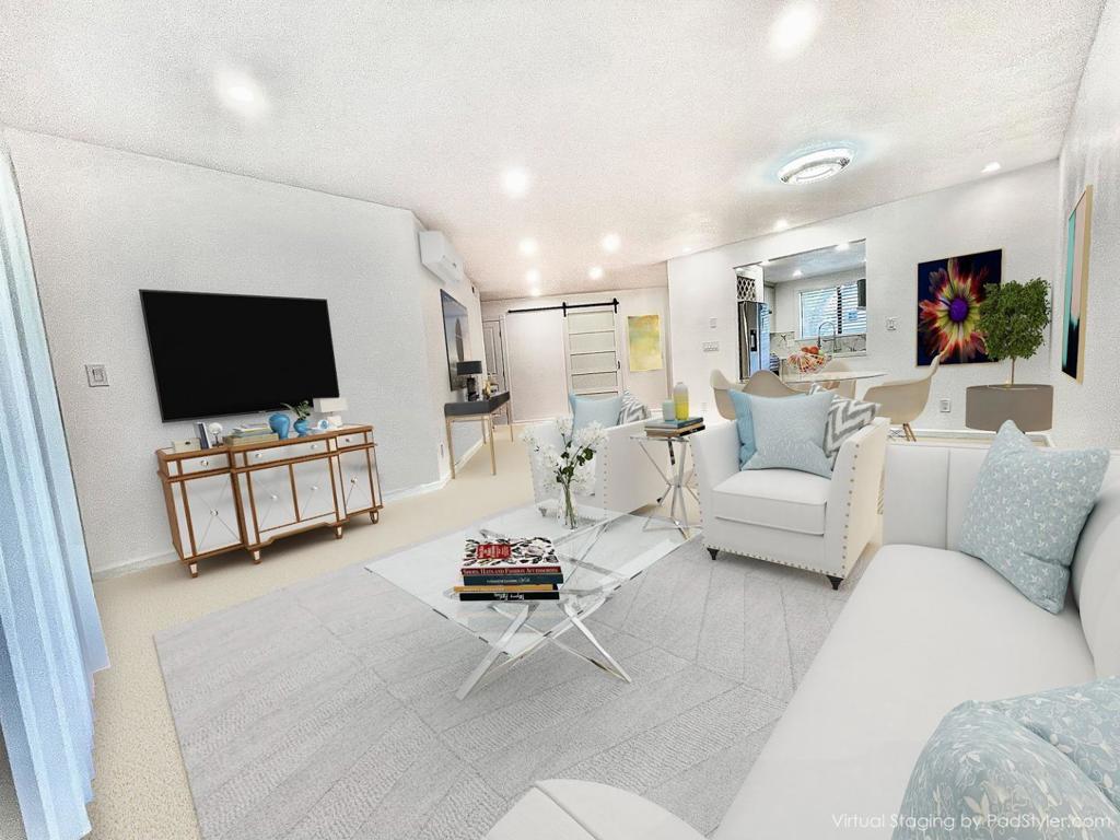 Luxury Live Auction! Bidding to start from $575,000.00! Rare completely remodeled downstairs unit. Everything is new! New central A/C-heating (Mini-Split) system. New carpet, new paint & new upgraded porcelain tile flooring. New kitchen with new stainless-steel sink, new quartz countertop, new commercial-grade faucet & garbage disposal, new cabinetry with wine rack & stemware stand, all new stainless-steel upgraded Samsung appliances: refrigerator, range/oven & hood, dishwasher & microwave. 2 new bathrooms with new shower & new bathtub with glass enclosures, new vanity cabinets with quartz countertops, new upgraded medicine cabinets, new lighting & plumbing fixtures & new toilets. Master bedroom with walk-in closet & new wood closet organizer. 2nd bedroom has new sliding mirrored closet doors & new wood closet tower. 3rd bedroom/multi-purpose room has new barn door. New window mini-blinds & new patio doors vertical blinds. New recessed ceiling lighting fixtures. New 50-gallon water heater. New in-unit washer/dryer closet & hookups. Spacious backyard covered patio with 2 storage closets. 1 reserved covered carport. Community swimming pool & facility, and game court.