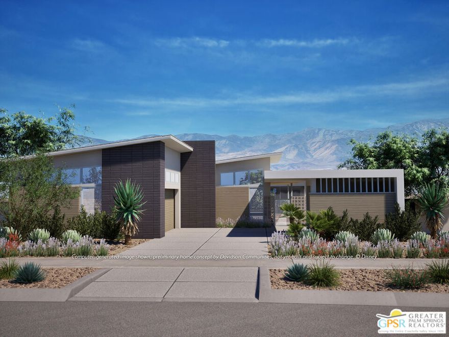 Welcome to Cotino, Storyliving by Disney, the first community of its kind in Rancho Mirage. This stunning 3,102 sq. ft. home (to be built by Davidson Communities) combines architectural elegance, thoughtful design, and resort-style living. The Reverie floor plan, showcasing the impressive Oasis exterior elevation, welcomes you with an inviting front courtyard and exceptional curb appeal. Step into an open layout where the great room flows beautifully into the dining area and large social kitchen perfect for both entertaining and everyday living. The home boasts a sophisticated prep kitchen and a wet bar for effortless hosting. The great room seamlessly connects to a covered outdoor living area, where you also have the option to add your own private pool for a true resort-style experience. The private primary suite serves as a luxurious retreat with a spacious bathroom and walk-in closet, while two secondary bedrooms each include ensuite bathrooms, with one thoughtfully set apart to maximize privacy. Flex space provides an ideal spot for your home office or personalized needs. Convenient features include garage access to a laundry and prep kitchen area, along with dedicated covered golf cart parking. Davidson Communities offers an impressive list of included features, as well as a wide variety of additional upgrades to make the home your own. Cotino combines natural beauty, charming parks, and the magic of Disney to create a unique and vibrant community perfect for beginning your next chapter. Come see for yourself and experience all that this exceptional community has to offer.