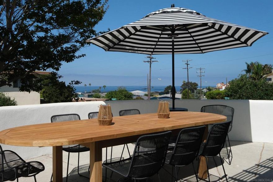 This fully renovated 2024 coastal retreat delivers breathtaking panoramic ocean views from the kitchen, living room, and expansive west-facing patio in Cardiff’s most desirable neighborhood, just a five-minute walk to Waverly, Seaside Market, the Coastal Rail Trail, and minutes from world-class surf at Swami’s and Cardiff Beach. Designed for effortless luxury, the interior features European white oak flooring, Carrara marble counters in the kitchen and baths, and custom cabinetry throughout. The chef’s kitchen centers around a six-foot Carrara marble island with a custom hood, appliance bar, Fisher & Paykel and Bosch panel-ready appliances, and polished nickel fixtures by Rohl including a pot filler. A ten-foot sliding glass wall opens to the ocean-facing patio and outdoor dining area, blurring the line between indoor and outdoor living. Bathrooms showcase a curated mix of Zellige, Bedrosian, and Concrete Collective tile with unlacquered brass fixtures, while the detached bathroom includes a hand-carved Calacatta Viola marble sink as a standout design feature. Offered fully furnished, this home is a rare opportunity to live in refined coastal elegance just steps from everything Cardiff has to offer.