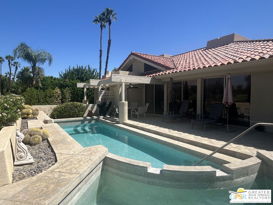 Beautiful Home in Rancho Mirage Country Club Gated Community with 2 Master Bedrooms. Facing north with views of green space and mountains. Expansive Living Room with Fireplace looking out into pool area and green space. Very Large kitchen with breakfast are with lots and lots of storage. Separate Bar Area with refrigerator, sink and icemaker. One Master bedroom is connected to outside patio and has high ceilings with walk in cedar closet, ensuite bathroom. 2nd Master has high ceilings plus shutters on the windows ensuite bathroom. Nice patio with large pool overlooking green space. Home located near the River Entertainment area plus a few minutes from El Paseo.