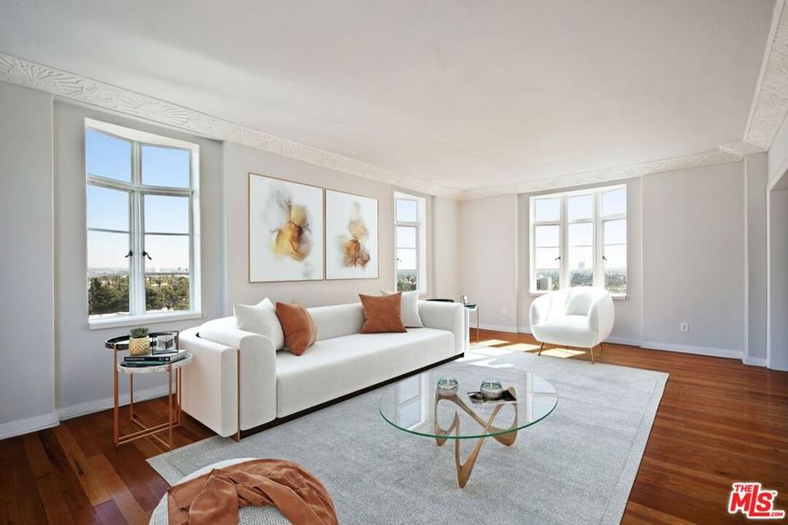 Hayworth Towers, built in 1931, is a fine example of old Hollywood Art Deco Living in the heart of West Hollywood. Restored and Historic, this building features original detail not found in properties of today. This beautiful spacious 7th floor Penthouse apartment with a formal foyer has incredible south east light.   The apartment has 1 Bed + 1 Bath - 1,000 + SqFt and great closet space.  The very large and spacious living room is full of windows on three sides views looking  South and East.  The hardwood floors are carried throughout along with a formal dining room, all on a tranquil tree-lined street. All utilities are PAID except for internet/cable.  2nd floor accesses a huge community terrace and sundeck.  A separate special gated dog run for your 4 legged friends.  In a registered historic Art Deco 7 story high rise building in the Center City neighborhood of West Hollywood with a short distance to all restaurants.