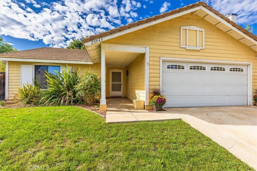 Nestled in a quiet cul de sac, this Charming Single Story exudes warmth and comfort from the moment you arrive.  You'll immediately feel the charm as you enter the front door and see the view of the peaceful backyard with mature trees and lush grass.  The cozy living room has a fireplace to enjoy the ambiance of the cool winter nights and a slider that allows for natural light and cool summer breeze. The kitchen has freshly painted cabinets inside and outside, a slider that opens to the open patio and fire pit; perfect for barbecuing and entertaining. The dining room is conveniently located between the kitchen and living room.  The generously sized primary suite has mirrored closet doors, ceiling fan, view of backyard and primary bathroom with double sink vanity and step-in shower.  In addition, there are 2 standard sized bedrooms in close proximity to the secondary bathroom. Step outside to enjoy the backyard with an open patio, fire pit area for summer and winter entertainment, family gatherings or quiet evenings under the stars. The interior has been freshly painted throughout with neutral colors, water heater replaced in 2024 and HVAC system replaced in 2020. This home is conveniently located close to both the 215 freeway and 15 freeway, parks, schools, fire station, shopping, dining and fishing pond. LET’S MAKE THIS YOUR NEW HOME WHERE TREASURED MEMORIES ARE CREATED!