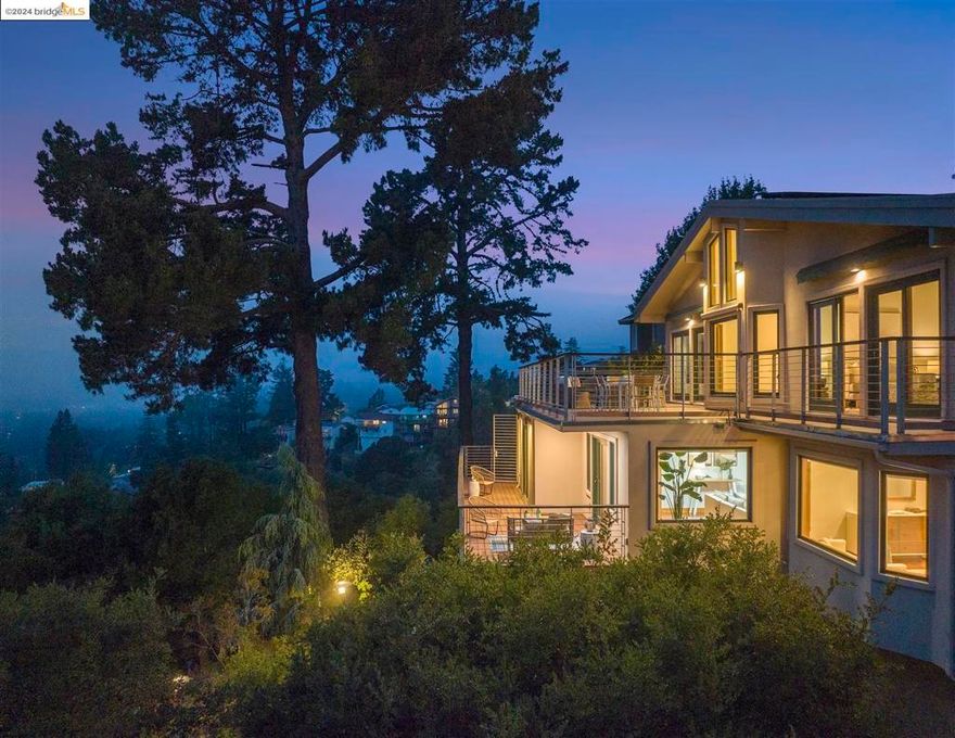 Just above the Gaspar-Magellan Stairs to Montclair Village shops, dazzling San Francisco Bay and 4 bridge views beckon from this magical, FOREVER home. Modern clerestory windows and soaring cathedral ceilings bathe generous living spaces in natural light. Coveted chef's kitchen/great room configuration & easy indoor/outdoor through 7 sliding French doors. Decks span the length of the home and invite entertaining w/outdoor dining, stargazing and savoring sparkling Bay view sunsets. 2010 addition w/ 4+ br on one level/ 3.5 updated baths, plus big hobby bonus spaces or bring your imagination--has sep entrance (views!), and easily accessible plumbing. Luxurious primary bedroom with 3-room en-suite w/enormous circular closet and built-in dressers, huge soaking tub, separate glass shower, & wine room. Huge grounds (includes contiguous lot with separate address: 1800 Gaspar); thoughtful landscaping--serene entry courtyard, seating patios, meandering paths, lighting, even a play structure--like a private park. Endless possibilities. Too much good to list: Owned Solar & 200V EV outlet. Two gas fireplaces. Smart blinds throughout w/remote and mobile phone app control & more. Don't miss! Views by the Village, tennis, farmer's market, shops, cafes; rare upside potential or enjoy just as-is!