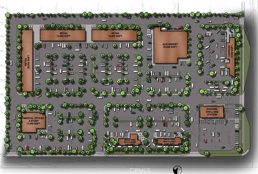 Prime Commercial Lot.  At signalized corner with existing gas station (Shell Station is separately owned).  High traffic corner - both from commercial traffic along east-west Palmdale Rd, and north-south traffic along Bellflower St to/from Adelanto's best residential areas.  Nice, flat and level property has all utilities in street and is ready to be developed.  Attached Site Plan for premium commercial shopping center was proposed - including subdivision into 7 separate lots.  Still time to modify.  Just need Your vision of a perfect new shopping center.  Submit all offers.