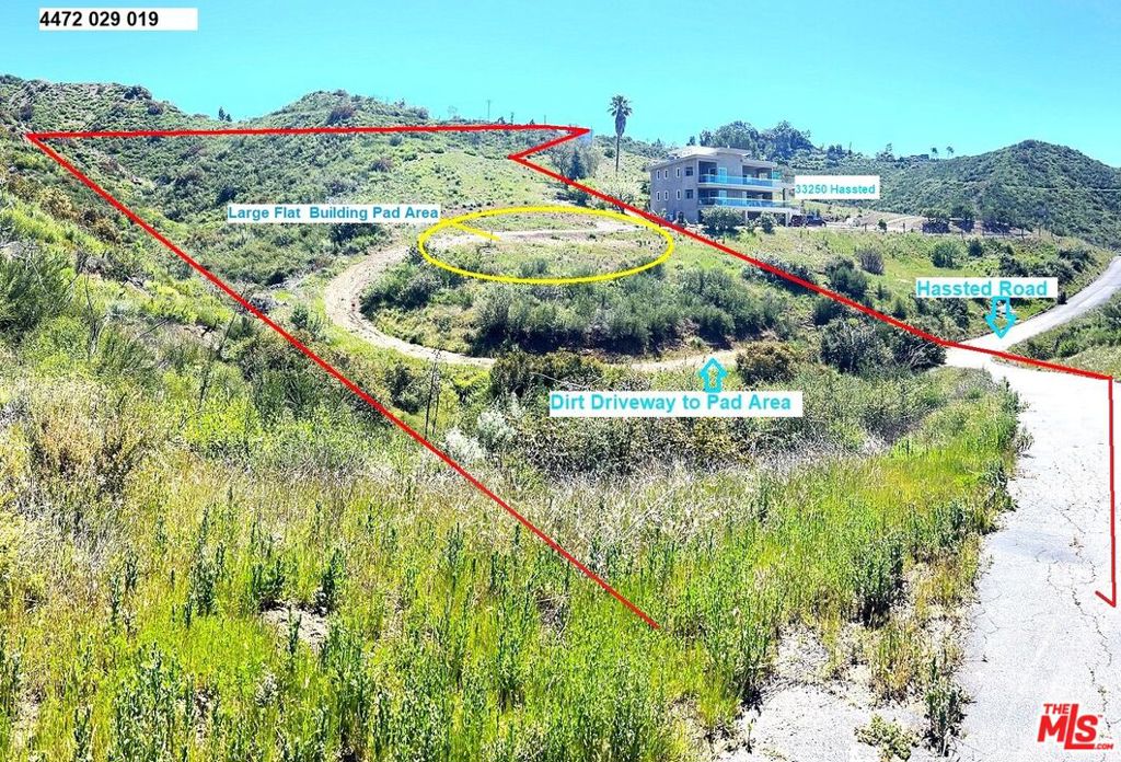 2.8 Malibu Acres with large flat building site with great access off Hassted Road. Beautiful Views of Boney Ridge Mountain and green meadows. Property will need a water well and private septic system like all homes and lots on this street. There is tremendous potential to build with tremendous profit with homes on this street and within 1/8 mile all selling from $3m to $5m or just build your Malibu Country Home. 3 Lots for sale - buy one or all three Malibu Lots - 9 Acres Total For Sale for $450,000 or buy individual lots from $125k to $195k. Parcel Numbers - 4472 029 019 - 2.84 acres , 4472 029 012 - 2.49 acres , 4472 029 017 -3.69 acres . See detailed aerial maps in photo section to find properties . Best Lower Priced Land Buy in Malibu!