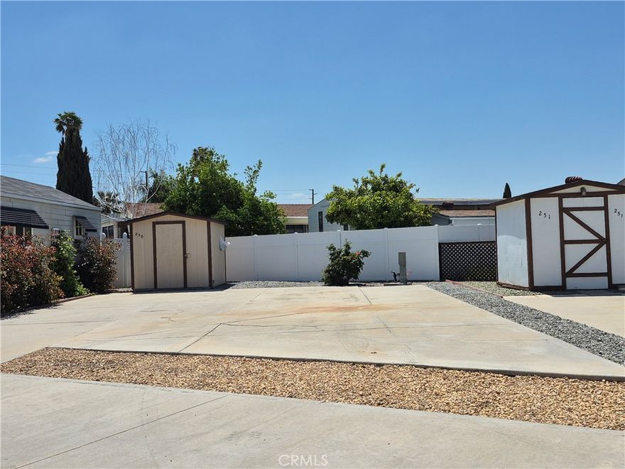 Welcome to your private oasis at Mountain Shadows RV Resort offering unmatched resort-style living in the heart of Southern California. This is a SUPERSIZED lot with utilities at the site. You will love this wide and open oversized A lot. Lot comes afforded with an extended shed and partial utilities. Enjoy the fantastic mountain views while being 20 minutes from Temecula, 1 hour from Big Bear or the beach. You OWN the land beneath your home and NO space rent. This fun and friendly location is located near the main clubhouse and is level and paved with a fence behind adding to its privacy. Entertaining here is easy with clubhouse nearby as well as additional guest parking. Fantastic active 55+ community includes 2 separate clubhouse areas with full kitchens, a salt-water pool, 2 spas, 2 gyms, 3 laundry areas, including lots of monthly community, seasonal and special entertainment with live events, clubs/ socials/ dances. HOA is only $293/month and includes water, sewer, trash, basic cable and internet at a GREAT value. Mountain Shadows is conveniently located near Temecula Wineries, Old Town, shopping, medical and so much more. Your scenic Oasis awaits you!  **FINANCING AVAILABLE**