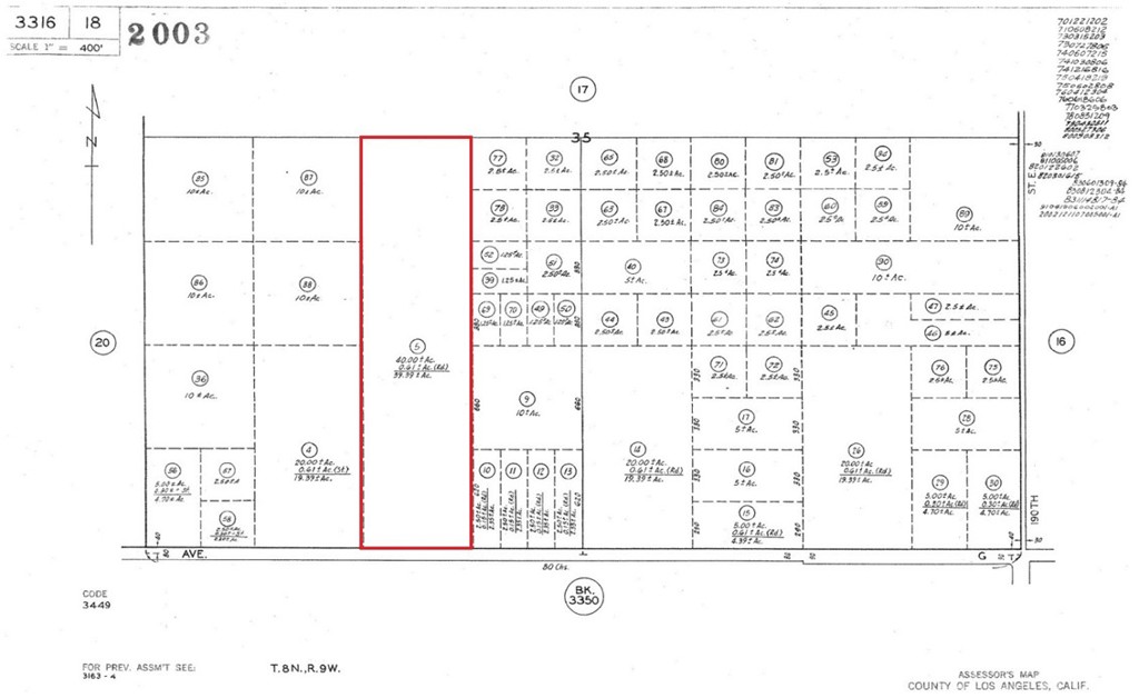 APN: 3316-018-005 Coordinates: 34.735278, -117.804250 39 acres for sale in LA County. This lot is located in Lancaster, CA on E Ave G and 185th St E. Large parcel zoned LCA11, excellent location with frontage on a paved street in a rural area for agricultural use.