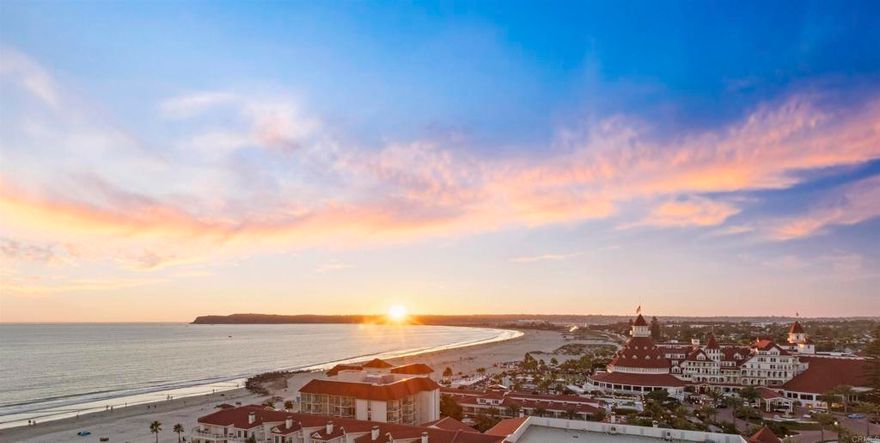 Experience resort-style coastal living at its finest in this corner residence at The Coronado Shores. Sweeping, unobstructed views stretch from the Pacific Ocean and Point Loma sunsets to the Hotel del Coronado, Glorietta Bay, the San Diego skyline, and the Coronado Bridge—an ever-changing backdrop of coastal beauty. Ideally located across from the Hotel del Coronado, this home has dining, shopping, and beachside strolls just steps away. Recently remodeled, it features quartz countertops, ceramic tile flooring, and floor-to-ceiling sliding doors that frame the views. Custom cabinetry includes a walk-in pantry, built-in storage, and a walk-in master closet with drawers, while a mirrored living room wall amplifies natural light and views. Smart home technology enhances everyday living with programmable sheer and blackout shades, a keyless entry system, Sonos surround sound, and Sub-Zero, Wolf, and Miele appliances. Designer-selected furnishings are available separately for a true turnkey experience. More than a home, this is a rare opportunity to live the Coronado lifestyle in an unparalleled oceanfront setting.