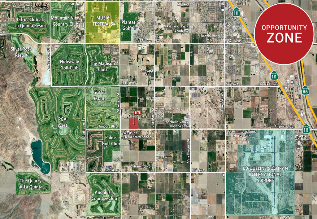 In the sphere of influence of the City of La Quinta. Abundant low cost water. Wonderful open country atmosphere, but close to all the conveniences. In an area of many exclusive equestrian estates. Minutes to Old Town La Quinta, an epicurean experience with fine dining & shops. Close proximity to Coachella & Stagecoach Music Festivals, acclaimed Madison Club, Desert International Horse Show, and many more! In Opportunity Zone with potential for tremendous tax benefits.