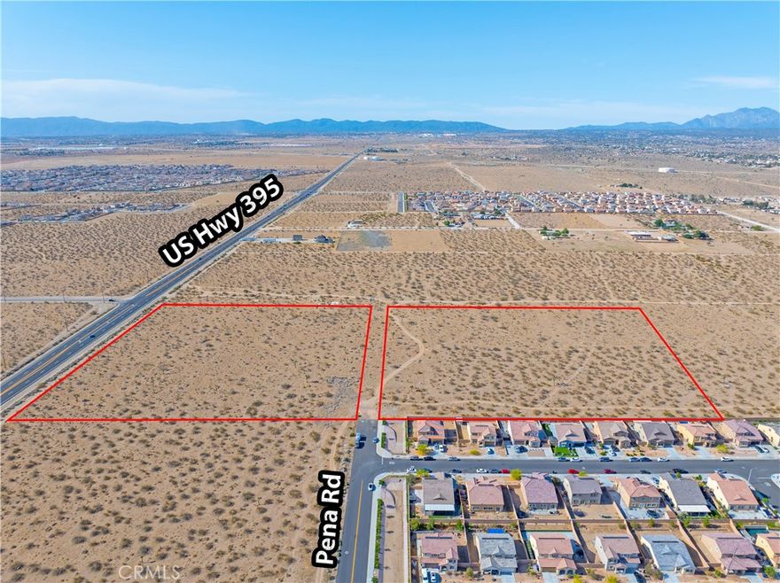 17.5 acres of unimproved land for sale at the northwest corner of Hwy 395 & Sycamore St in Victorville; APNs: 3071-341-09, 10. Two neighboring lots in a rapidly growing area with separate zoning on each parcel. Parcel 09 is 8.6 acres with Single Family Residential (R-1) zoning and suitable for the development of up to 5 dwelling units per acre, parcel 10 is 8.9 acres located at the intersection of Hwy 395 and zoned Neighborhood Service (C-1), suitable for a variety of retail, service, and office use for nearby residents. This site is in proximity to DR Horton’s sold-out Verbena community and LGI’s Desert Willow Village, which is nearing completion. Water, Sewer, and Power are all available at site. The High Desert continues to expand with residential and industrial growth. Seller may consider offers for individual parcels. Buyer to verify all information contained herein. Agent and their representatives are not responsible for the accuracy of these claims.