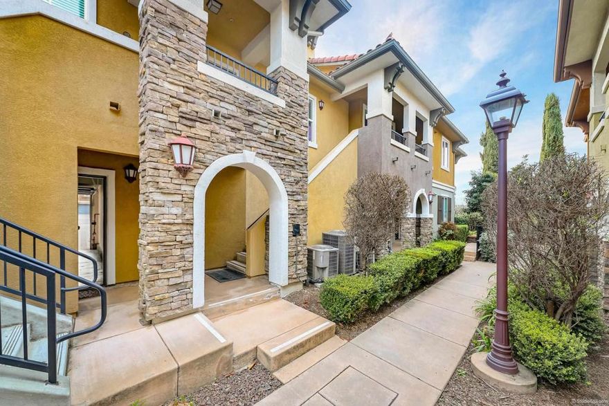 **PRICE IMPROVEMENT**Welcome to this modern, upstairs end unit in the upscale community of Treviso. This beautifully maintained home offers 2 generous sized bedrooms and 2 bathrooms.  Vaulted ceilings, an open floor plan and a laundry room that fits a full size washer and dryer which convey.  The Master bedroom has beautiful views and an oversized walk-in closet. Single car garage with storage and an extra parking space (#201), shady and close to the unit.  There is plenty of guest parking, a sparkling heated pool and spa, clubhouse, and a barbecue area to entertain friends and family.  Treviso is a safe and quiet community located minutes from Santee Lakes, Mission Trails, easy freeway access, shopping and restaurants.