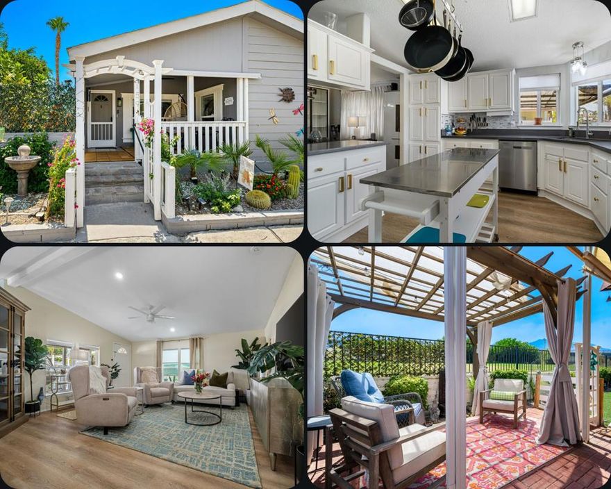 This spacious home offers 3 bedrooms, 2 baths, plus a versatile bonus room that's currently used as an office. With 1,512 sq. ft. of open-concept living, the home feels even larger thanks to its bright and airy layout.Built in 2004 and stylishly updated in 2023, the home features modern touches such as quartz countertops and fresh interior and exterior paint. A brand-new AC system was also recently installed, ensuring year-round comfort and efficiency.Enjoy a cozy front porch perfect for relaxing, or step into the large backyard with a covered patio and additional pergola designed for outdoor dining and entertaining. There's a bonus room off the patio that can be used as an office, lounge, or extra storage.Practical features include an attached 2-car garage with ample storage, a double-wide driveway (no tandem parking), and a pergola over the driveway to help keep cars cool in summer. Energy efficiency comes easy with leased solar panels and a backup power wall to keep your home running smoothly even during outages.Date Palm Country Club is a vibrant 55+ gated community in south Cathedral City, offering top-notch amenities including an 18-hole golf course, driving range, tennis and pickleball courts, multiple pools and spas, a clubhouse, fitness center, restaurant, pro shop, and a dog park.