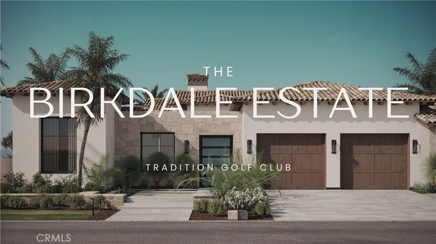 Set within the gates of Tradition Golf Club, The Birkdale Estate presents a rare union of architectural integrity and desert elegance. Poised on a prime fairway-view lot framed by the Santa Rosa Mountains, this 4,043 sq. ft. custom home—including a detached casita, lower-level retreat, and fully climate-controlled garage—redefines modern Mediterranean living.

Designed for seamless indoor-outdoor flow, Arcadia® multi-slide glass walls open to a resort-style terrace with a wet-deck pool and four-sided infinity-edge spa. Inside, 15-foot great-room ceilings, soffited perimeter lighting, and trimless recessed fixtures create a sculptural interplay of form and light. A chef’s kitchen anchors the home with Wolf® and Sub-Zero® appliances, waterfall stone island, and bespoke walnut cabinetry left unstained for the buyer’s personalized tone.

The primary suite is a serene retreat with spa bath featuring Kohler Statement® fixtures and a freestanding Veil Lithocast® soaking tub. A versatile lower-level space—with full bath and courtyard access—invites use as a wine lounge, cinema, fitness studio, or executive office. Technology is woven throughout via a Savant® smart home system integrating lighting, climate, and Dolby Atmos® audio indoors and out.

Exterior craftsmanship pairs real stone veneer, smooth integral-color stucco, and stain-grade wood detailing with re-sculpted landscaping to capture uninterrupted golf-course and mountain panoramas. Completion anticipated late 2025 to early 2026. The Birkdale Estate embodies the next generation of Tradition Golf Club living—crafted with intention, precision, and timeless appeal.

Under construction with an anticipated late February / early March 2026 completion. A committed buyer still has a limited opportunity to personalize select interior finishes.