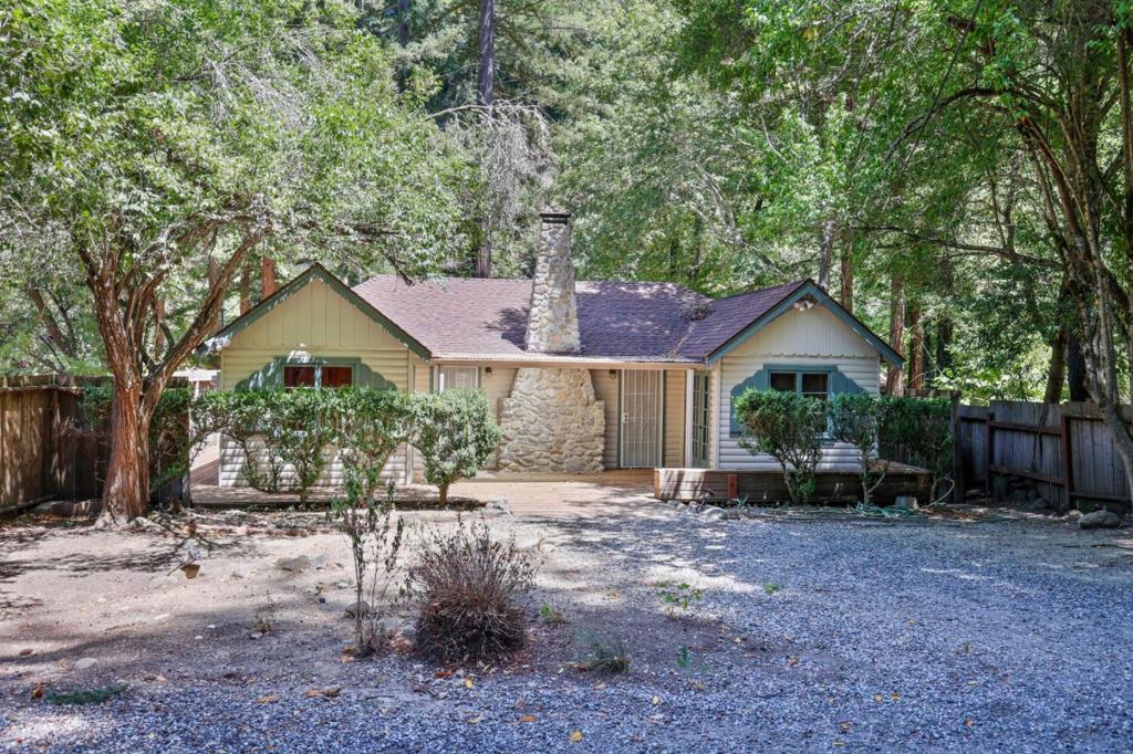 Welcome to Boulder Creek, where this charming 2-bedroom home provides a cozy retreat with an array of desirable features on a generous lot of over 11,500 square feet. The residence offers an inviting country kitchen equipped with a gas oven range, Formica countertops, adorable built-in cabinets, and a refrigerator. Enjoy the soothing sounds of the creek below as you prepare meals, adding a touch of tranquility to your cooking experience. The dining area is conveniently located within the kitchen, making it perfect for casual meals. Be sure to explore the fenced yard and enjoy the year-round river access. This home has the perfect blend of location, comfort and natural beauty. Easy walk to town. Stay warm during the cooler months with the gorgeous stone fireplace. Front room has a built in wet bar and double doors open to enclosed back deck add to the charm. For your convenience, the home includes hook up for a 220 laundry area. Located within the SLV Unified Elementary School District, this property offers a practical and inviting living environment in the heart of Boulder Creek.