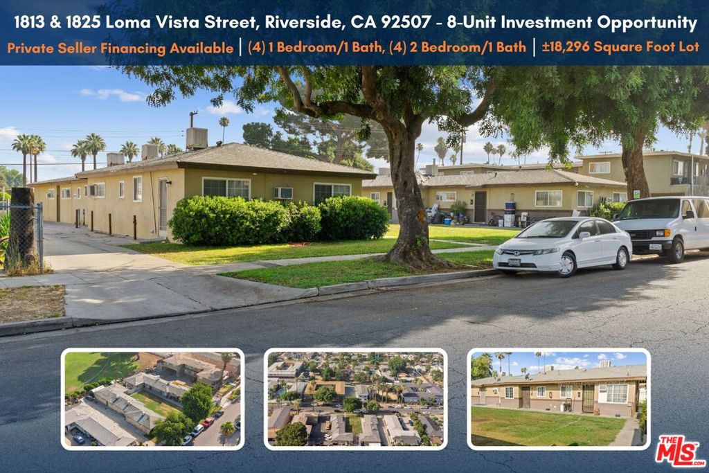 Private seller financing available. Well-maintained 8-unit property located near UC Riverside. The property consists of two single-story buildings with four 2-bedroom/1-bath units and four 1-bedroom/1-bath units. Units average 704 square feet and feature dual-pane windows; select units offer dual-entry access. The property sits on an 18,296 square foot lot and offers 5,631 square feet of rentable space. Tenants enjoy a large shared grass area and on-site parking. Each unit is separately metered for electricity and gas. Current cap rate is 5.60% with room for upside through rent increases. Located 1.5 miles from UC Riverside with easy access to the 91 and 215 Freeways. Close to shopping, dining, and cultural attractions in Downtown Riverside.