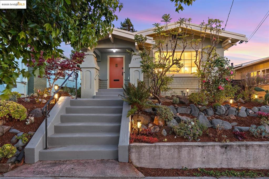 1342 Virginia Street is the sweet, light-filled 1916 Craftsman bungalow you have been searching for in the perfect North Berkeley location. What is not apparent is that down a long driveway there is a gated, private garden with a detached structure that brims with flexibility, utility, and potential for a multitude of purposes. The front house is traditional: a deep front porch with solid Craftsman pillars leads to a gracious foyer, then formal living and dining rooms. Divided-light windows bring in an abundance of natural light, highlighting details of vintage fixtures, elegant tray ceilings, and the warmth of newly refinished hardwood floors. A central kitchen maintains original charm with just the right amount of modern upgrades. The two bedrooms are separated by a bathroom. Backyard decks, patios are perfect al fresco dining and lounging options. At the rear of the property, a large, detached structure (452 sqft) is thoughtfully divided into distinct areas: 1) main area with a private entrance with a sink/countertop, and a full bathroom, 2) laundry, 3) a multipurpose studio with high ceiling and skylights, plus an adjoining workshop for creative pursuits. Located just steps from North Berkeley BART, and close to Monterey Market, cafés, parks, and all the best urban amenities.