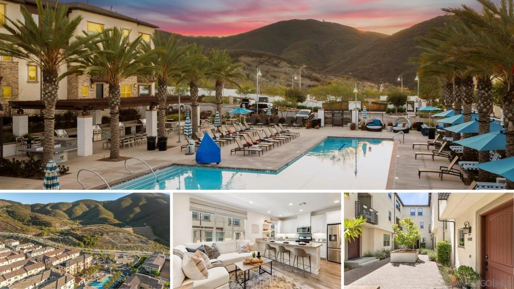 Welcome to the scenic, gated community of Latitude at Rancho Tesoro, where views and resort-style amenities like a pool, BBQs, loungers, and more pair with a beautifully-manicured neighborhood to create the perfect place to call home. Assigned to coveted Double Peak School and featuring owned solar, this refined, 2021-built, smart-enabled townhome with fiber connectivity is tucked inside an idyllic courtyard and welcomes you in with easy access to the attached two-car garage that’s EV charger ready. Meticulously maintained with dual en suite bedrooms, 2.5 bathrooms, and 1243 ESF, the layout is open and seamless, allowing for both everyday comfort and entertaining. Featuring upgraded flooring, the living room, kitchen, and dining room all lead out to a private covered balcony, creating a fantastic flow for hosting and indoor-outdoor living. The large kitchen is the heart of the home, complete with a pantry, and it offers tons of counter space and storage. An office nook is perfectly placed for versatility, and large windows, most with custom coverings, bring in ample natural light. Upstairs, both bedrooms have attached bathrooms, ideal for a variety of living situations, and the laundry room is close by. The primary suite’s bathroom boasts a large walk-in closet and dual vanity. With lakes and trails just outside the gates, and shops and restaurants conveniently nearby, Latitude at Rancho Tesoro is a little slice of paradise in San Marcos .