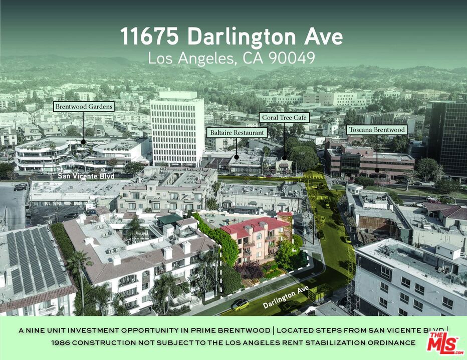 A nine-unit investment opportunity in a premier Brentwood location at 11675 Darlington Ave, just off of S Barrington Ave and steps to San Vicente Blvd; a location that attracts high-end renters with nearby amenities in a submarket with consistent rental growth and appreciation. The subject property was built in 1986 and is not subject to the Los Angeles Rent Stabilization Ordinance; the building features all two-bedroom units with spacious layouts (approximately 1,100 SF); there is gated parking in the rear with two spaces per unit; one third-floor unit will be delivered vacant at the close of escrow. 11675 Darlington Ave has been well-maintained throughout the years with minimal deferred maintenance required for the systems and exterior, although significant rental upside can be achieved through in-unit renovations such as stainless steel appliances, custom bathrooms and kitchens, and the addition of laundry (buyer to verify); the majority of the units have been lightly renovated and currently feature recessed lighting, hardwood floors, vaulted ceilings for two of the third floor units, and balconies for six of the units. There is a secure entrance with intercom access and professional landscaping at the front of the building; gas and electric are separately metered; there is one washer and one dryer leased with Wash. Ideal location for renters to commute to major employment locations such as Santa Monica, Westwood, Century City, Beverly Hills, Culver City and West Los Angeles; less than two miles from the West LA VA Medical Center. Rare opportunity to purchase an A+ Brentwood location that is not subject to the LA RSO with immediate rental upside and long-term appreciation potential