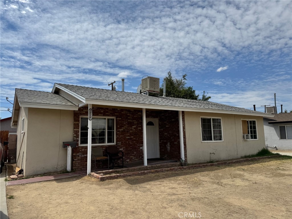 very nicely redo a few years ago. Newer wood plank floors, paint, kitchen, roof, 2 wall heaters, Evap cooler (2025). Back patio newly enclosed with washer and dryer connections, new drywall and paint. This room is huge and perfect for extra sleeping/ living quarters. 2 gar garage has a newer roof done at the same time as house. Roof on enclosed patio was redone a few years ago.
good sized, yard has block wall and newer wood double gate. Outside of the house and trim was just repainted in August. House has section 8 tenants and recent rent increase ( awaiting ok from County) will be $2700 a month built in income.