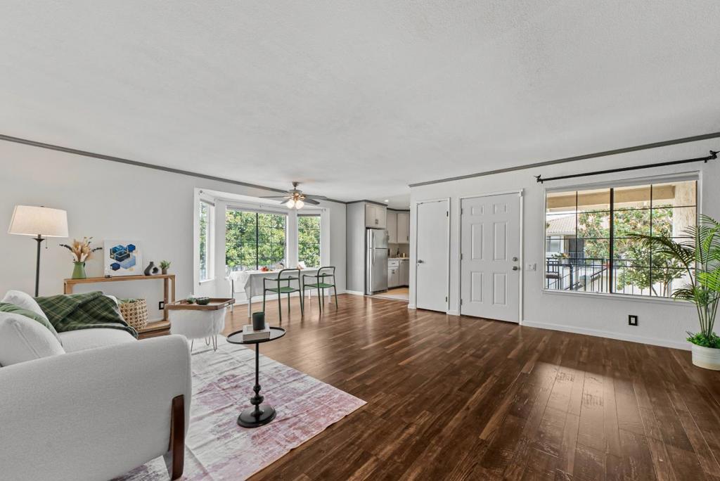 Bright & Spacious End Unit Condo at Kenwood CrosspointeMove-in ready! This rare largest 1B1B floor plan offers an oversized bedroom, spacious living/dining room, and abundant natural light from its desirable end-unit location. Features include a modern kitchen with granite counters, upgraded bath, walk-in closet, in-unit laundry, and a private garage with automatic opener. Community amenities: pool, guest parking, refreshed exteriors. HOA covers water, garbage, roof, and landscaping. Close to The Plant Shopping Center, parks, schools, Downtown San Jose, and major commute routes.