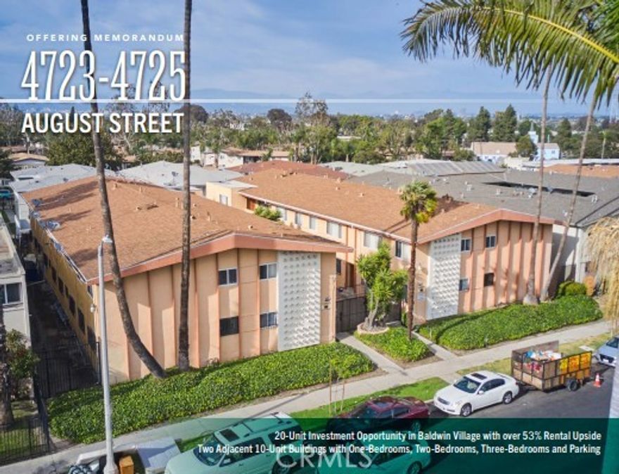 Discover Exceptional Investment Potential in Baldwin Hills / Crenshaw.
Rare opportunity to acquire a well-positioned 20-unit apartment complex located in one of Los Angeles’ most rapidly developing neighborhoods. 4723 & 4725 August Street feature two 10-unit low-rise buildings totaling approximately 20,680 sq. ft. on a ±0.38-acre lot. Each building offers a desirable mix of studio-, one-, two-, and three-bedroom units, all separately metered for utilities. Property amenities include gated access, on-site parking, and fully equipped kitchens and heating in every unit. These features support strong tenant retention and stable income. Ideally situated just south of Coliseum Street, the property offers exceptional proximity to Baldwin Hills Crenshaw Plaza, Kenneth Hahn State Recreation Area, and the Destination Crenshaw corridor—a major public and private investment celebrating art, history, and culture. Residents enjoy convenient access to the I-10 and I-105 freeways, the Expo/Crenshaw Metro Line, and LAX, providing easy connectivity throughout Los Angeles. With ongoing neighborhood revitalization, cultural vibrancy, and community pride, Baldwin Hills / Crenshaw stands as one of the city’s most promising multifamily submarkets. Whether for long-term hold or value-add repositioning, 4723 & 4725 August Street presents a compelling opportunity to invest in the growth and transformation of this dynamic area.