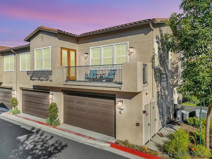 Welcome to the Ariana community. This end-unit townhome, built in 2020, has been beautifully maintained and features 3 bedrooms and 3 bathrooms, blending modern design, comfort, and eco-friendly upgrades. Enjoy an open-concept living space with brand-new LVP flooring, plush carpeted bedrooms, and plenty of natural light. The gourmet kitchen features an induction stove and under-sink alkaline water system, and connects seamlessly to the spacious dining and living areas — perfect for entertaining or relaxing at home. The primary suite offers a walk-in closet, while the first-floor bedroom, which also includes a walk-in closet, provides flexibility for guests or a home office. Step outside to your west-facing porch with beautiful mountain views, or enjoy your private front yard with turf and stamped concrete patio. This home is packed with smart and sustainable features, including 6 owned solar panels, 2 Tesla batteries, and 8 additional panels, giving you peace of mind to run your A/C freely. Additional highlights include a whole-house fan, Nest thermostat, and fiber-optic internet. The attached two-car garage offers convenient storage racks, and residents can enjoy a low monthly HOA with community amenities such as barbecue areas and corn hole. Ideally located near Mission Trails, Cowles Mountain, major shopping centers, and many restaurants — this home is a perfect fit for today’s lifestyle.