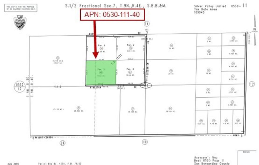 11.22 Acres (APN: 0530-111-40) GPS: 34.883581, -116.602467 This 11-acre property is located along Atherton Drive in the quiet desert community of Newberry Springs, San Bernardino County. Zoned Rural Living - 5 Acre Minimum (RL-5), this property offers excellent flexibility. Permitted uses include single-family or manufactured homes, crop production, agritourism enterprises, animal keeping, livestock operations, bed & breakfast establishments, small residential care facilities, schools, places of worship, and recreational uses such as parks or playgrounds. The RL zoning also allows subdivision into 5-acre parcels, providing long-term investment potential. Utilities in the area include overhead electricity approximately 1340 ft south along Valley Center Rd., with residents relying on private water wells, septic systems, and propane tanks for their utility needs. This property does not yet have an address, the address listed is for marketing purposes only. While the boundary lines on the map offer a glimpse, they are only approximate. A Buyer should verify boundaries, zoning and utilities, ensuring every aspect aligns with their vision for the property. ADJACENT PARCELS AVAILABLE.  (APN: 0530-111-40) GPS: 34.883581, -116.602467