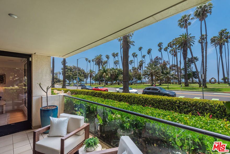 Experience coastal living at its finest in this elegant, single level residence set within the newer, boutique style 701 Ocean Avenue. Perfectly positioned on the coveted northwest corner, this premium unit is bathed in natural light from expansive floor to ceiling windows that frame lush park scenery, vibrant greenery, and the endless blue of the Pacific. Indoors, a harmonious blend of bamboo and marble flooring establishes a warm yet sophisticated ambience, complemented by custom contemporary window coverings. The open layout flows effortlessly to a spacious outdoor patio accessible from both the living room and the primary bedroom creating a seamless indoor outdoor lifestyle ideal for relaxing or entertaining. The generously sized primary suite is a tranquil retreat featuring a walk in closet plus additional storage, along with a spa inspired bath boasting a double vanity, jetted tub, and steam shower. Residents enjoy a secure, concierge building with gym, meeting space with catering kitchen, side-by-side parking, extra storage, and a soon to be completed world class rooftop deck, perfectly timed for late summer enjoyment. Beyond your front door, you're just a stone's throw from the boutiques, cafes, and acclaimed restaurants lining nearby Montana Avenue, placing the best of Santa Monica's dining and shopping scene at your fingertips. This is a rare opportunity to claim a refined coastal sanctuary in one of Southern California's most desirable oceanfront settings.