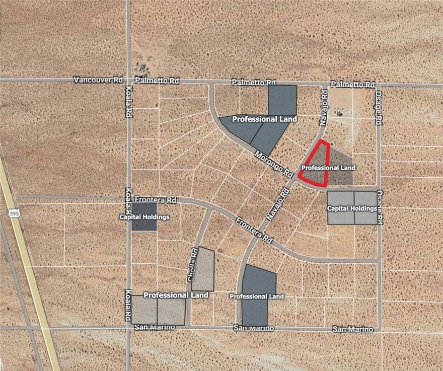 PRIME 1.97-ACRE CORNER RESIDENTIALLY ZONED LAND PARCEL IN THE ADELANTO AREA. IT IS SITUATED AT THE NORTHEAST CORNER OF MORONGO AND NAVAJO, TO THE NORTH OF THE SOUTHERN CALIFORNIA LOGISTICS AIRPORT, AND IN CLOSE PROXIMITY TO THE ADELANTO CITY LIMITS. About 0.59-miles east of U.S. Hwy 395, about 3.79-miles north of Oleander, and about 3.79-miles north of the Adelanto city limits. Adelanto is home to the Adelanto Industrial Parks. These Industrial Parks are home to hundreds of industrial companies. This 1.97-acre property is located about 10.2-miles to the north of these Industrial Parks. This property also lies about 7.14-miles northwest of the Southern California Logistics Airport, which is poised to become one the most important cargo airports in the nation. The parade of billion dollar companies like Boeing, General Electric, FedEx, Red Bull, has already begun at the Southern California Logistics Airport. This 1.97-acre is in recorded Subdivision Tract 8203 in the unincorporated area of San Bernardino County. RL-5 zoning would permit one single family home on this property, subject to the development approval and requirements of the County of San Bernardino.