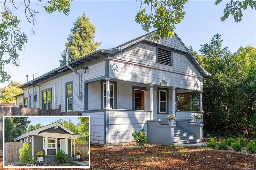 Step into Chico history with this classic charmer, offering not just one, but two separate homes on one corner lot. The front home, 1805 Hemlock, was originally built in 1905, and its timeless character still shines through today. Thoughtful updates have brought modern comfort while preserving its historic appeal, creating a warm and inviting space ready for its next chapter. Inside, you’ll find 2 bedrooms, 2 bathrooms, and over 1,100 sq. ft. of living space. Highlights include original hardwood floors, fresh paint, updated dual-pane windows, a beautifully refreshed kitchen with butcher block counters, new vinyl flooring, new mini-split heat/air, a gas range, and ample pantry storage. The living room glows with natural light, while the dining room’s wood-paneled walls nod to the home’s roots. The primary suite offers high ceilings, a spacious ensuite with tub/shower combo, and plenty of closet space. A second bedroom at the front of the home, a large laundry room with a utility sink, and a bonus space overlooking the backyard add both charm and function. Just behind it sits 387 E 18th St, a darling studio ADU with its own kitchen and bathroom, built in 2020. This modern, light-filled cottage includes vaulted ceilings, LVP flooring, a farmhouse sink, solid-surface counters, a garden window, and its own private backyard. Currently tenant-occupied, the renter would love to stay, offering instant passive income to the next owner. Each home enjoys its own yard and separate entrances, giving you privacy and flexibility whether you’re looking to house-hack, create a multi-generational setup, or expand your rental portfolio. Set on a corner lot with inviting curb appeal, this property blends the character of Chico’s history with the practicality of modern upgrades and the bonus of built-in income. Rarely does a dual-home property like this come available. Two homes...One lot... Endless opportunities!