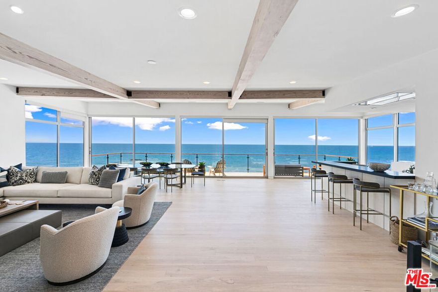Stunning and spacious 6 bedroom, 5.5 bathroom trophy house on 50 ft. of dry sand fronting the best section of Malibu Rd.  Enter through a private courtyard to the great room & gourmet kitchen with walls of glass spanning the entire width of the home, overlooking the ocean and the sand below. The deck has plenty of seating and areas to lounge and enjoy the view. The next level has 3 bedrooms, all ocean front, including the primary suite, a sauna, as well as a separate 4th bed/bath "bunk room".  The lower guest apartment has the same expansive views and features a full kitchen, bedroom, bath and oceanfront deck.  There is also a complete studio apartment with it's own kitchen, bath and private entrance.  Attached two car garage with Tesla charger, plenty of parking, 2 laundry rooms, well off the noise and traffic of PCH, this home has it all for a perfect vacation.  Available April 8, 2025
