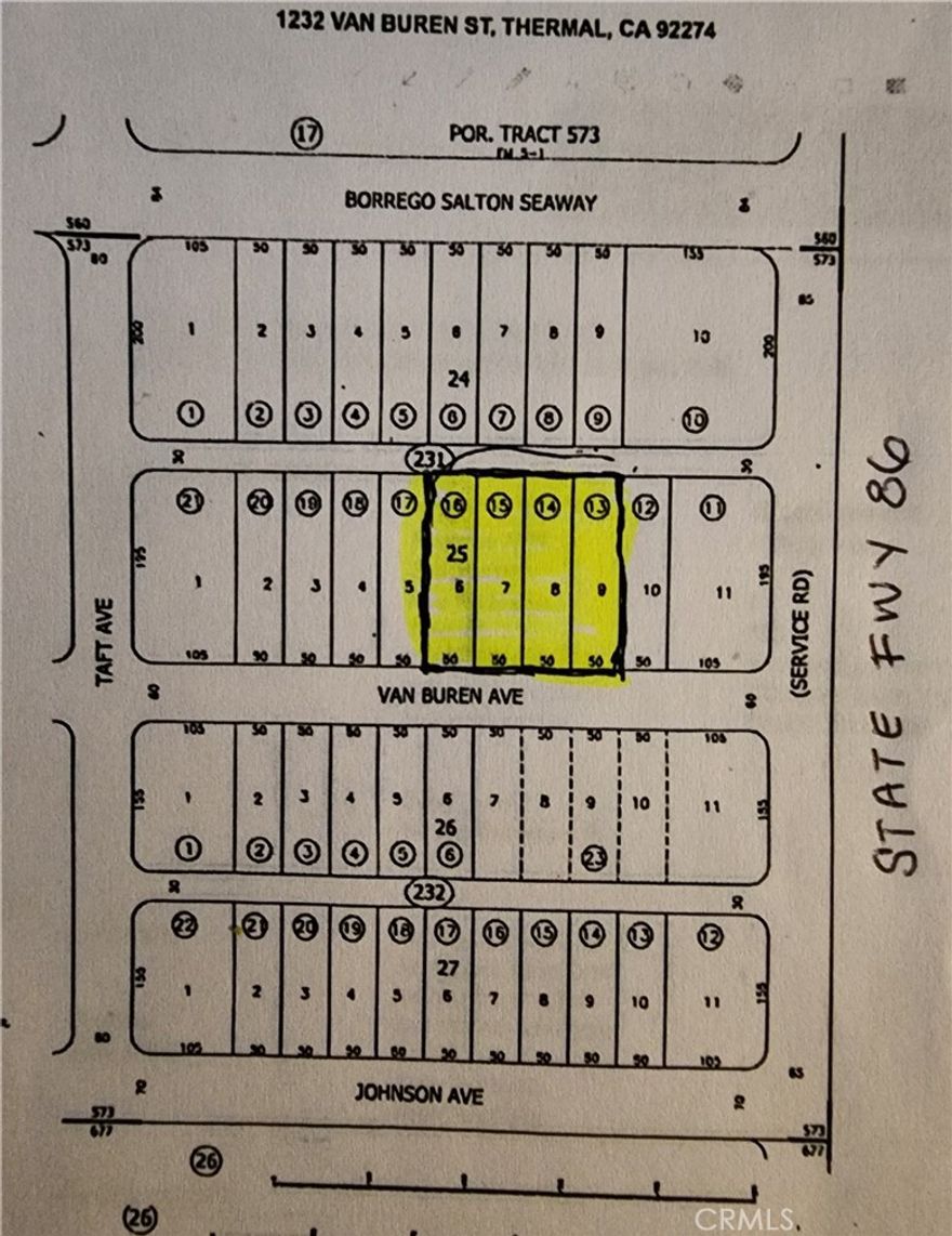 **** C O M M E R C I A L   L A N D - 4 LOTS TO BE SOLD TOGETHER ****



Develop your next project on this strategically located lot in Thermal, ideal for warehouse, manufacturing, or distribution facilities. Please do your due diligence and contact the city to receive a complete list of possible projects. 



Details 

Zoning: Commercial Land

Total Lot Size (sum of all 4 lots): 39,724 sq. ft.

Utilities: Access to public water and sewer, with electricity at the property line.

Topography: Level and ready for construction.

Proximity to major routes: Near State Highway 86 and Borrego Salton Seaway

Area benefits: Located within a supportive business/commercial environment.